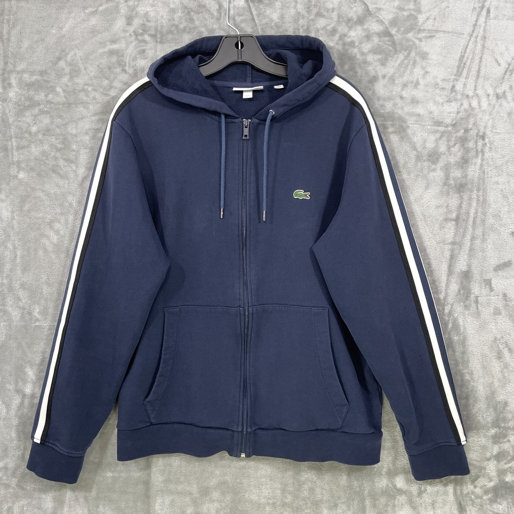 Lacoste Full Zip Hoodie Men's Size L Navy Striped Sleeves Cotton Medium Weight